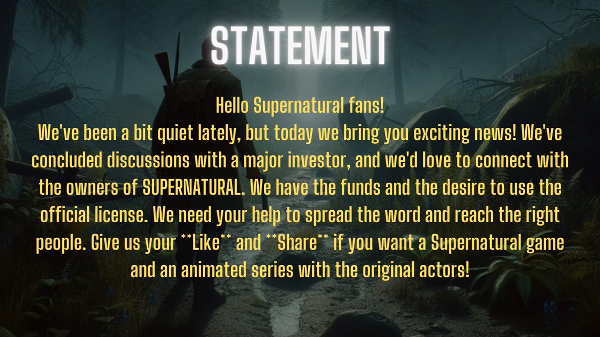 HuntersMarkST's tweet photo. Hunters! Help us reach the ears of the owners of SUPERNATURAL with a Follow + Retweet + Like. We want to use the official license; we have the funds and the eagerness to strike a deal. Help us bring the dream of a new story for The Winchesters Brothers 👻 https://t.co/s0P4nyHpe9