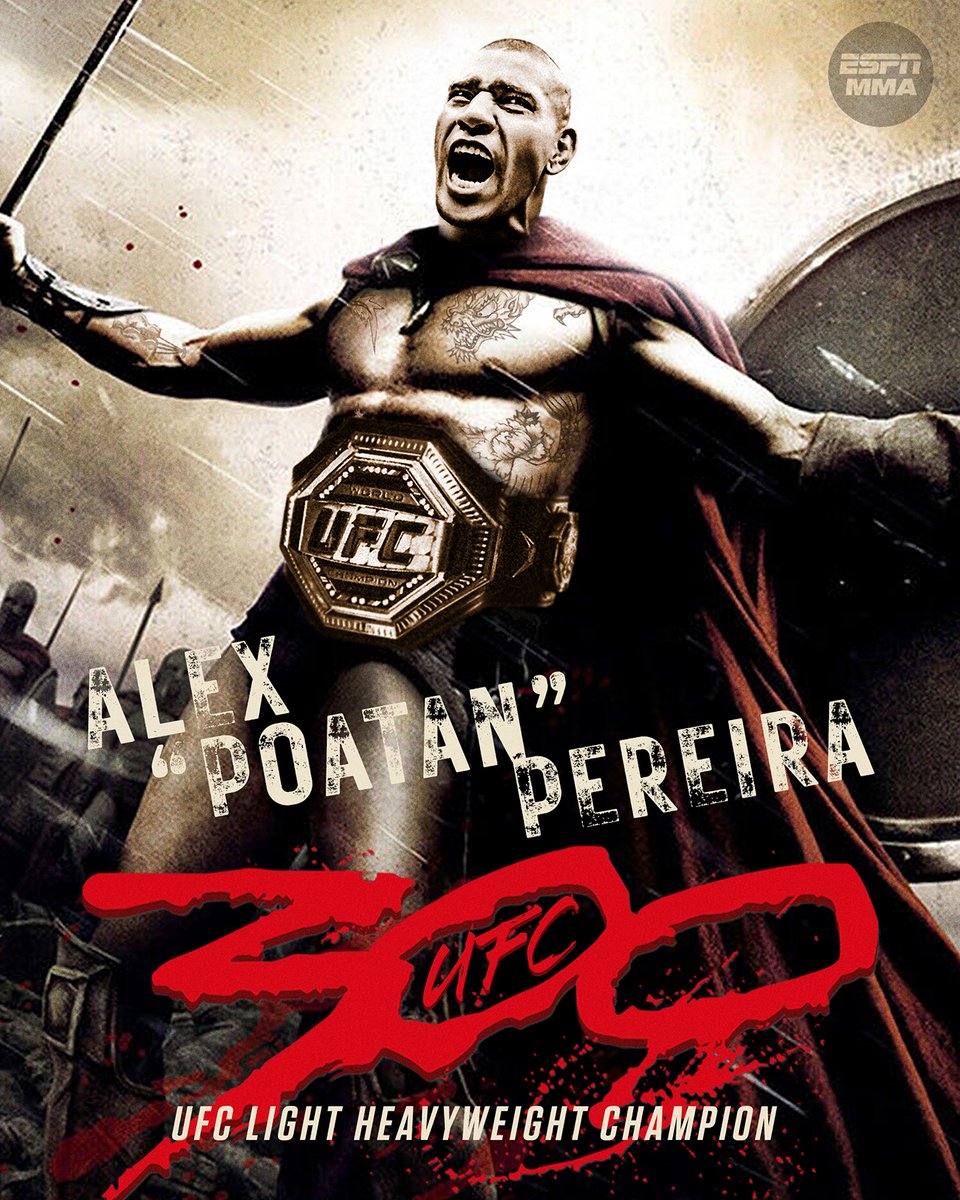 espn's tweet photo. AND STILL! 

ALEX PEREIRA RETAINS THE LIGHT HEAVYWEIGHT TITLE AT #UFC300! 🏆 https://t.co/uxF5ZT24zX