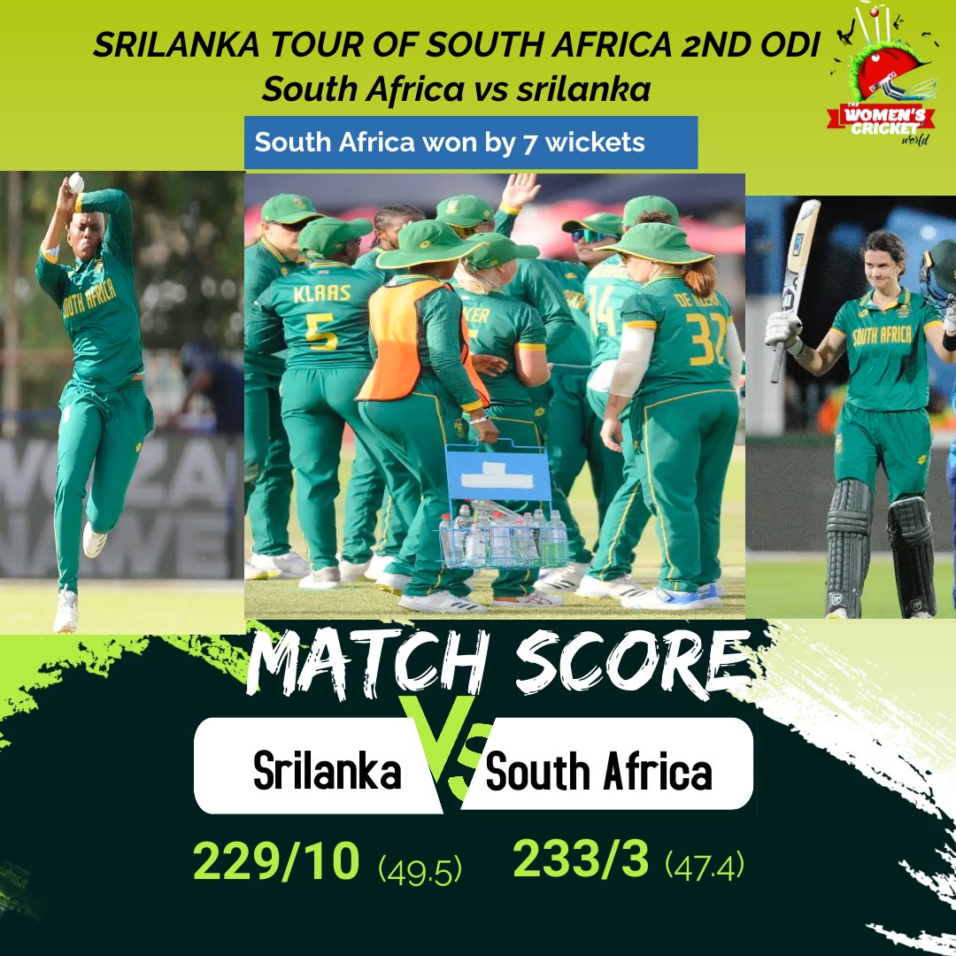 South Africa women's tour of Srilanka  2nd Odi 

South Africa won by 7️⃣ wickets 

#CricketTwitter #SAvSL