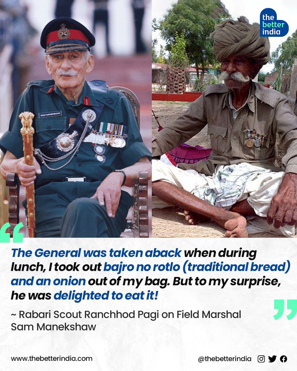 Did you know that a Rabari herder from Kutch played a key role in two Indo-Pak wars? 

#SamManekshaw #Inspiring #Motivation #IndianArmy #gujarat #historyofindia #rarefact    

[Sam Manekshaw, Indian Army, Sunday Motivation, Gujarat, History of India, Ranchhod Pagi]