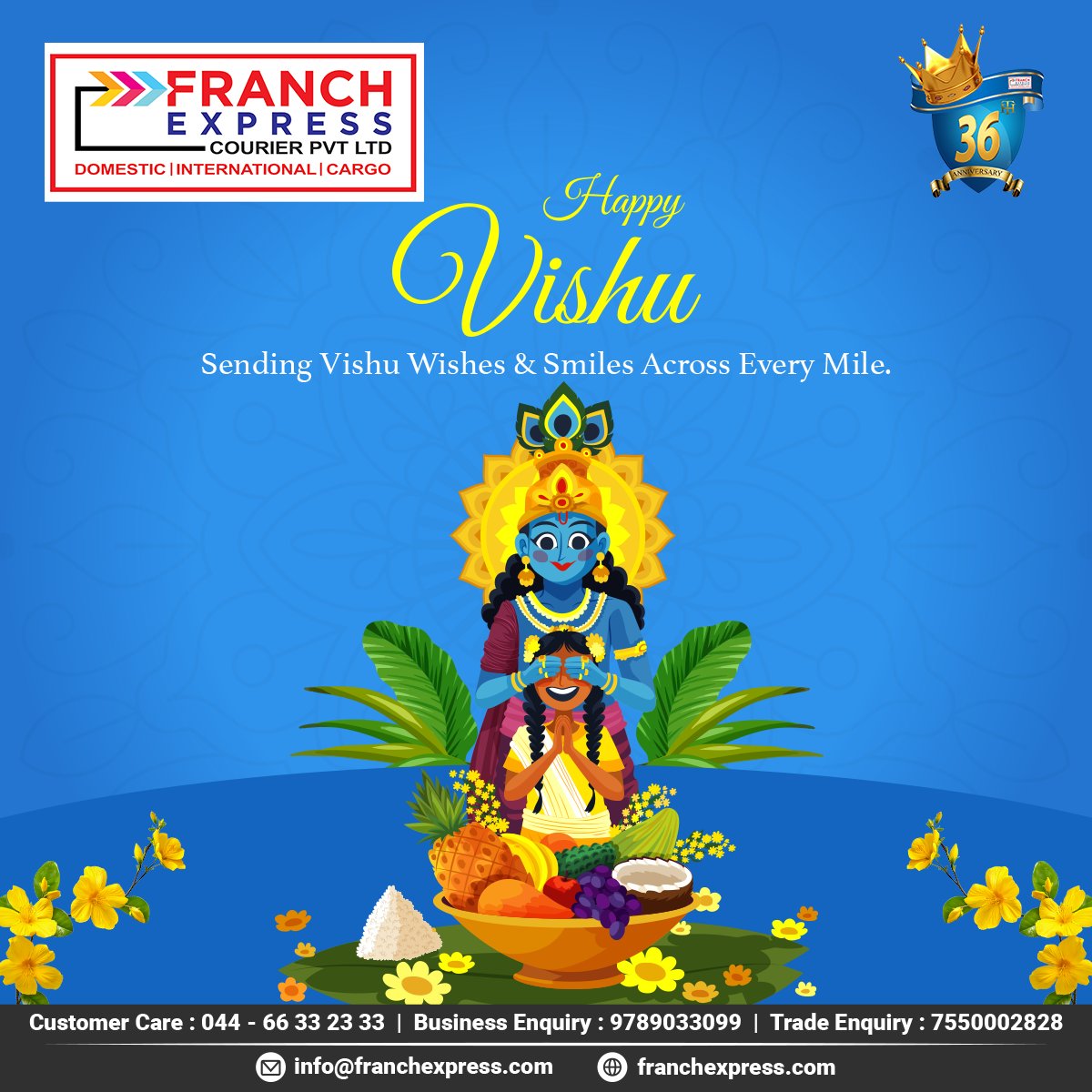 Wishing you all a joyful and prosperous Vishu from Franch Express Courier Pvt Ltd! 🌼🌿 

#HappyVishu #SpeedyShipping #CourierExcellence
#DeliverySolutions #LogisticsLeadership
#OnTimeEveryTime #courierservices #speedydelivery
#shipping #onetimecourier #logisticsolutions