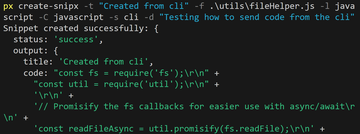 ehoneahobed's tweet photo. It worked!

The moment of truth...

That moment when you hit the Enter button and start praying that everything goes well. 

And the feeling of relief you get when it's all green with no reds.

Now with using @codesnipx you can quickly save and retrieve your code snippets directly from your terminal.

#buildinpublic