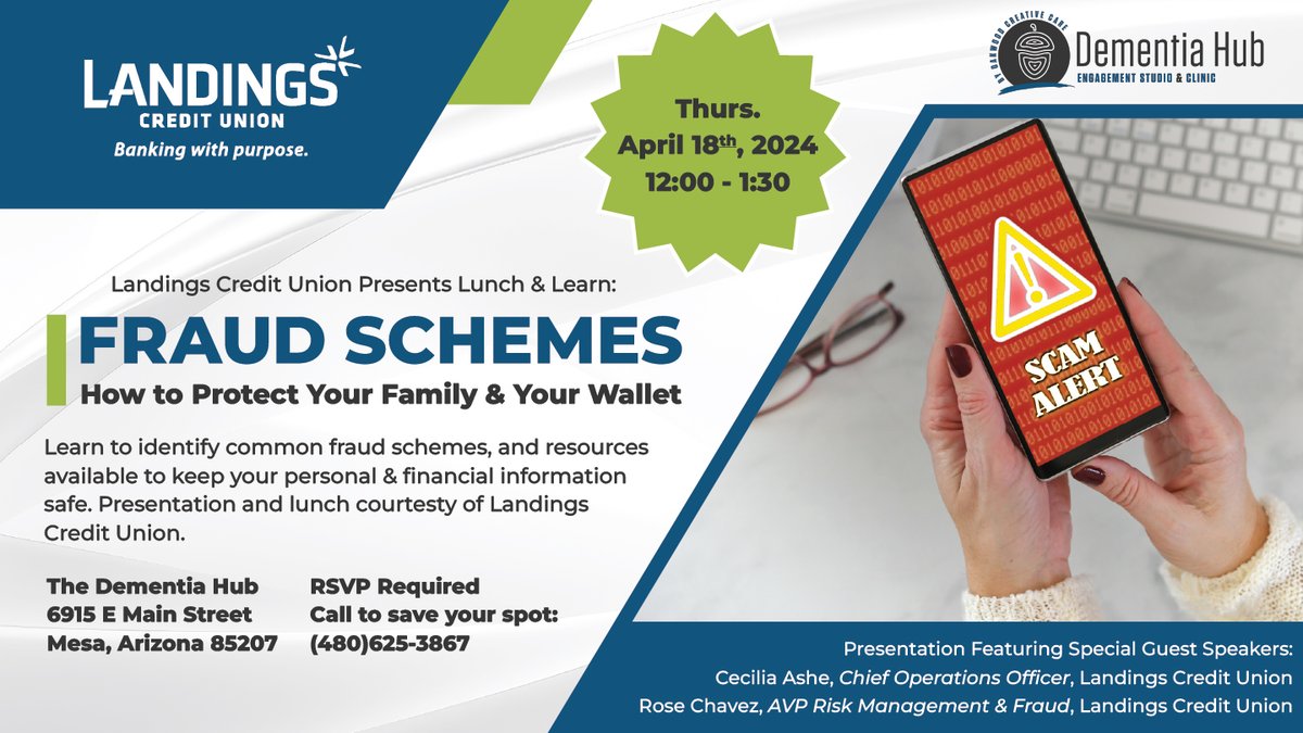 Come to the HUB this Thursday, 4/18, for an educational seminar! @landingscu presents Fraud Schemes: How to Protect your Family & your Wallet!

Call 480-625-3867 to save your spot today!

#FraudProtection #LunchAndLearn