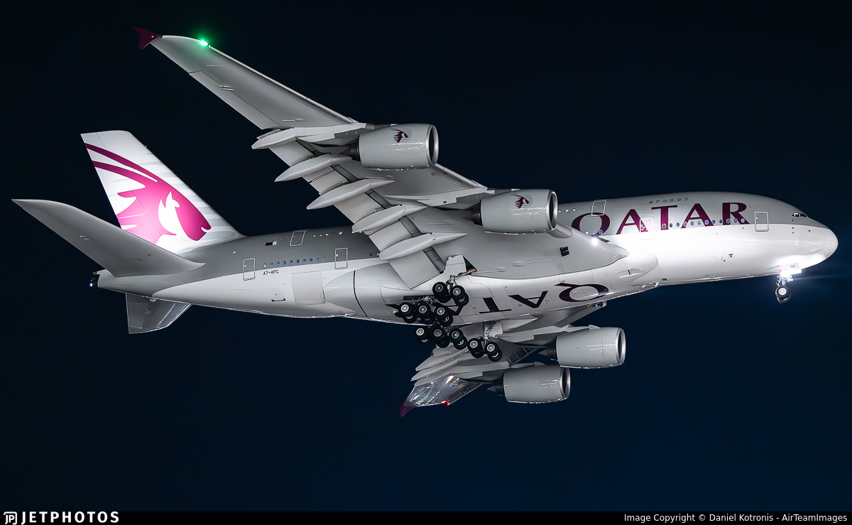 A Qatar Airways A380 landing in Perth. jetphotos.com/photo/11300032 © Daniel Kotronis