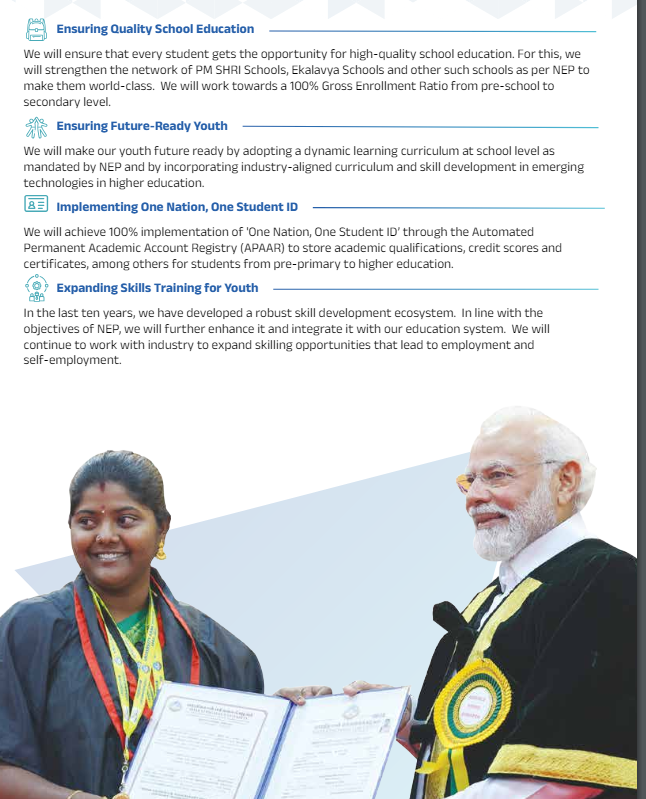 ANI's tweet photo. On implementing One Nation, One Student ID, BJP in its election manifesto - 'Sankalp Patra'; says, "We will achieve 100% implementation of 'One Nation, One Student ID’ through the Automated Permanent Academic Account Registry (APAAR) to store academic qualifications, credit scores and certificates, among others for students from pre-primary to higher education."