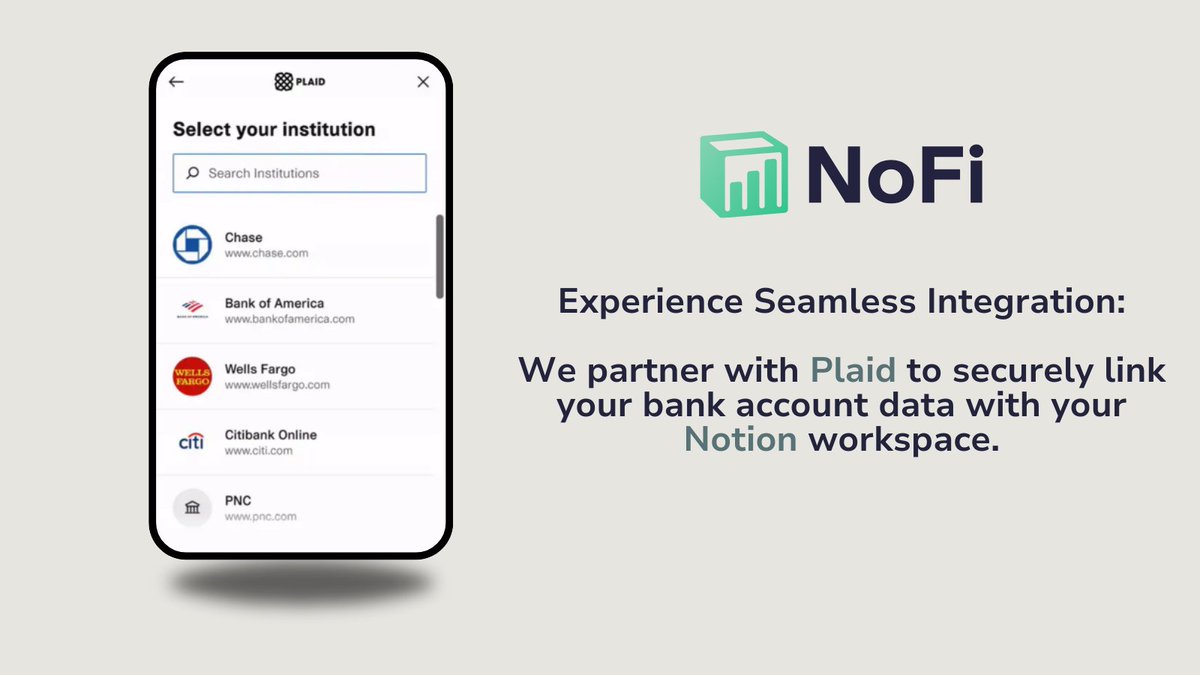 Experience seamless integration with NoFi! 🌟

We've teamed up with Plaid to securely link your bank account data directly to your Notion workspace.

#integration #finance #Notion #Plaid