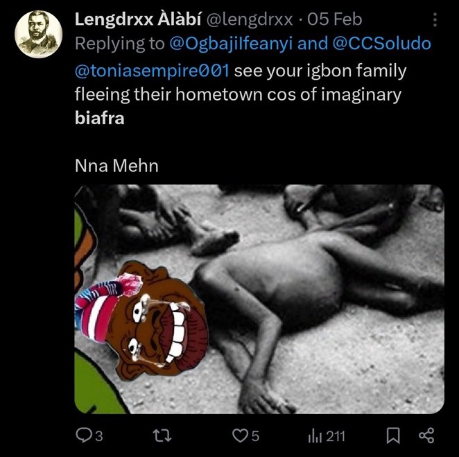 Someone who mocked dead/malnourished children & spewed vile ethnic slurs was called a “Nigerian activist” by popular blogs & serenaded as some sort of hero by fellow bigots. The SW is being taught that bigotry = activism and to defend Yoruba is to mock genocide & despise Igbos.