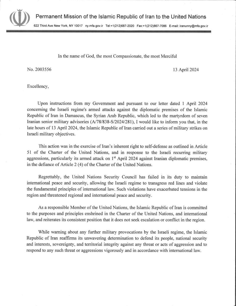 IranmissionEU's tweet photo. In exercise of its right to self-defence, and in response to the Israeli armed attack against 🇮🇷 diplomatic premises in Damascus, Iran carried out an operation on Israeli military objectives. Should Israel commits aggression again, Iran’s response will be stronger. https://t.co/KDc4DhDe09