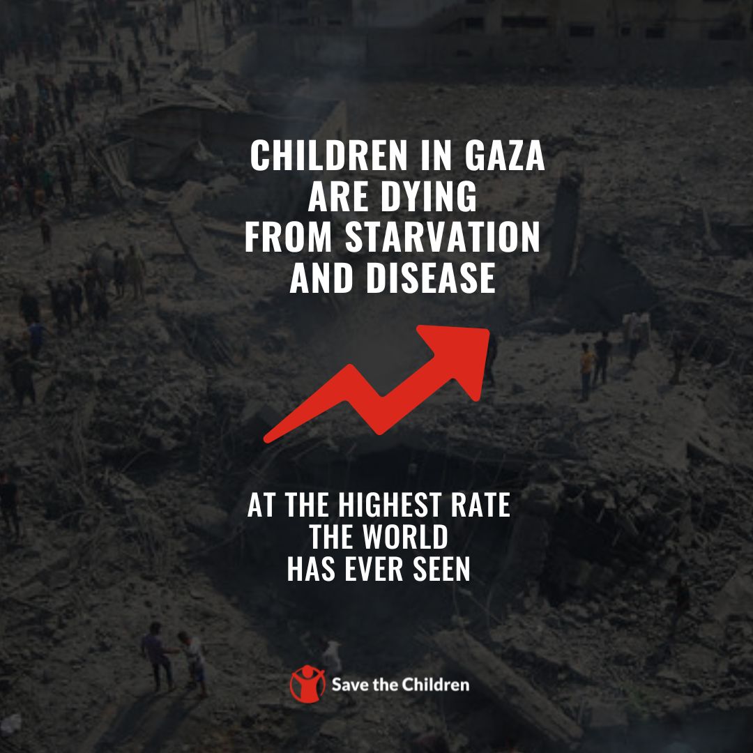 Children in #Gaza are dying from starvation & disease at the highest rate the world has ever seen. But life-saving supplies which could be used to treat malnourished children are being delayed & denied entry. We need a #CeasefireNow & safe humanitarian access to save lives❤️