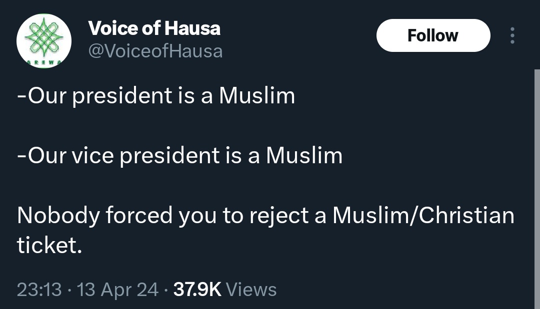 Do you realize how clueless you sound to claim Nigeria is a Muslim country just because the president and vice president are Muslims, @VoiceofHausa?