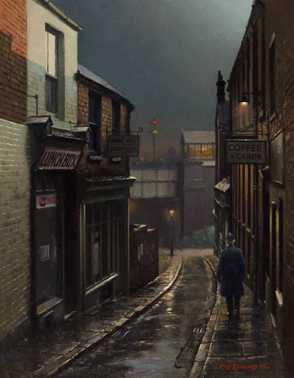 artinsociety's tweet photo. British artist Rob Rowland specialises in railway paintings, but I’m enjoying the night-time atmosphere in his image of a misty Drury Hill, Nottingham in the early 60s https://t.co/8ijGlo9jQT
