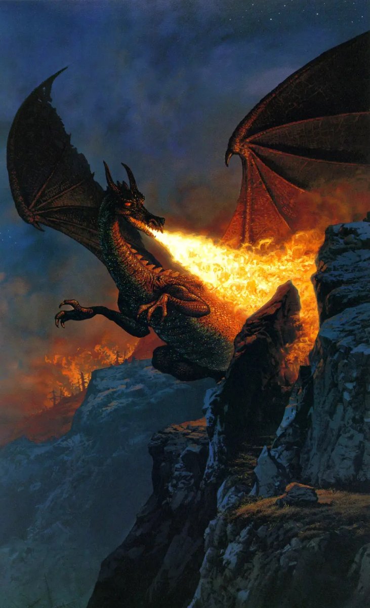 For #APRIL 1996
‘Scouring the Mountain’ Ted Nasmith (born 1956). Gouache on illustration board. *J.R.R. Tolkien Calendar 1996* (HarperCollins) for April.
#illustration #illustrationart #illustrationartists #TedNasmith #JRRTolkien #TheHobbit #Smaug