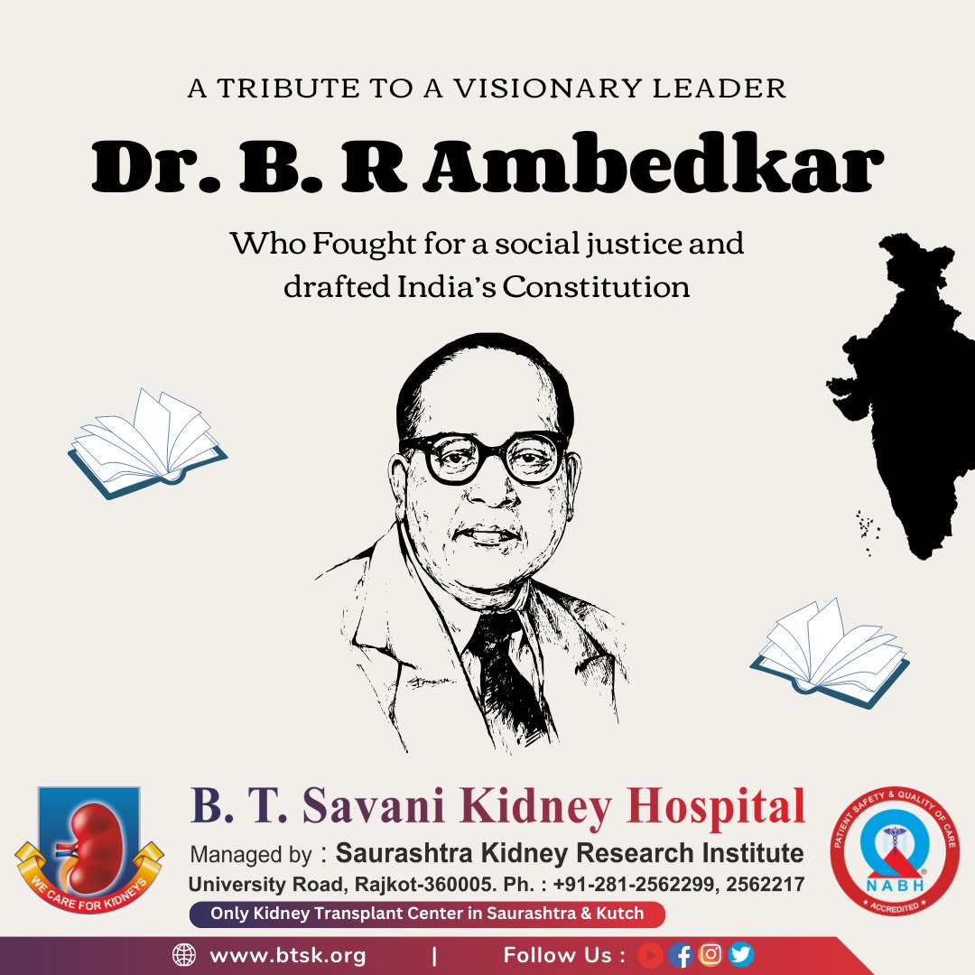 Remembering Dr. B.R. Ambedkar on His Birth Anniversary.
#BRAmbedkar #socialjustice #equality #inclusionmatters #IndianConstitution #inspirationalquotes #legacy #humanrights #btsavani #btsavanikidneyhospital #health #hospital #rajkot #gujarat #india