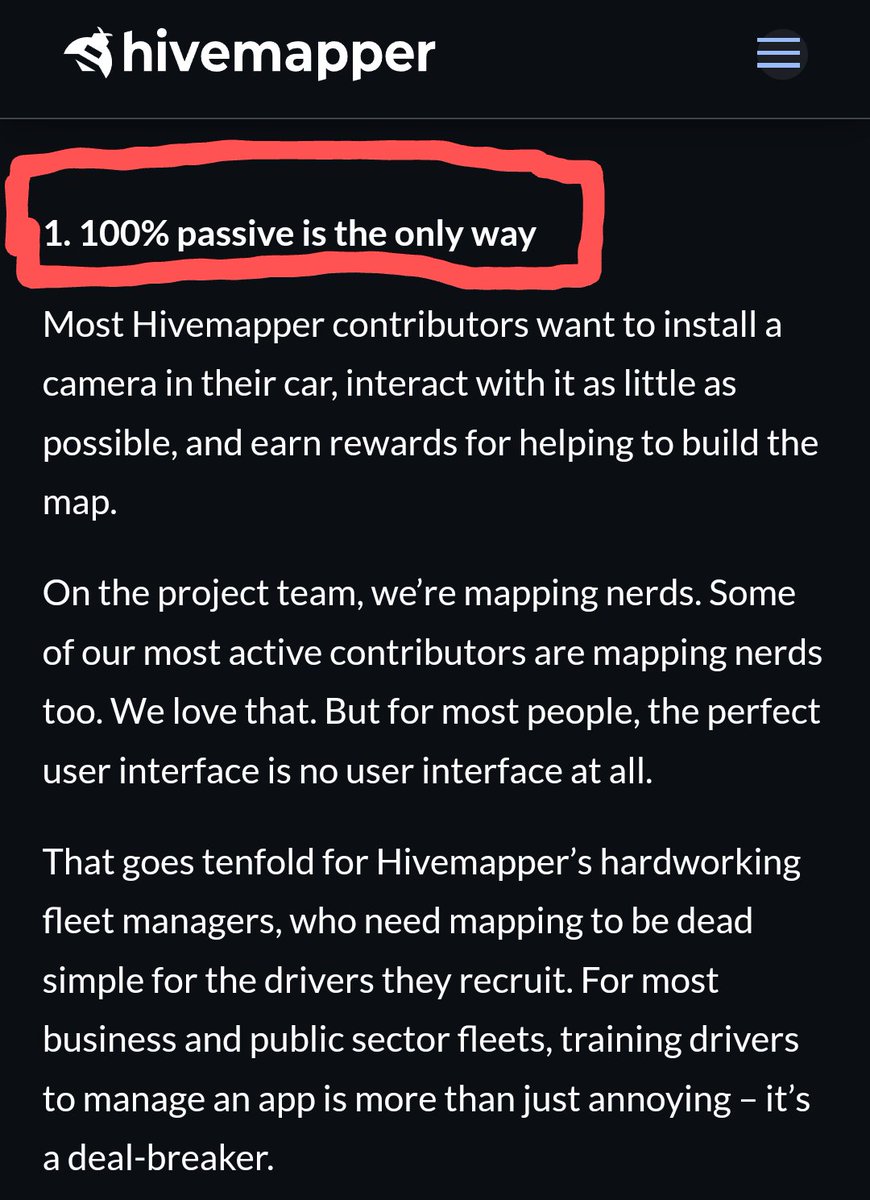 If you map for Hivemapper or are interested in mapping, our singular objective is 100% passive mapping.

True scale only happens when everything about mapping is 100% passive.

And, please never treat Hivemapper like a job...even a part time job. It was never designed to be used…