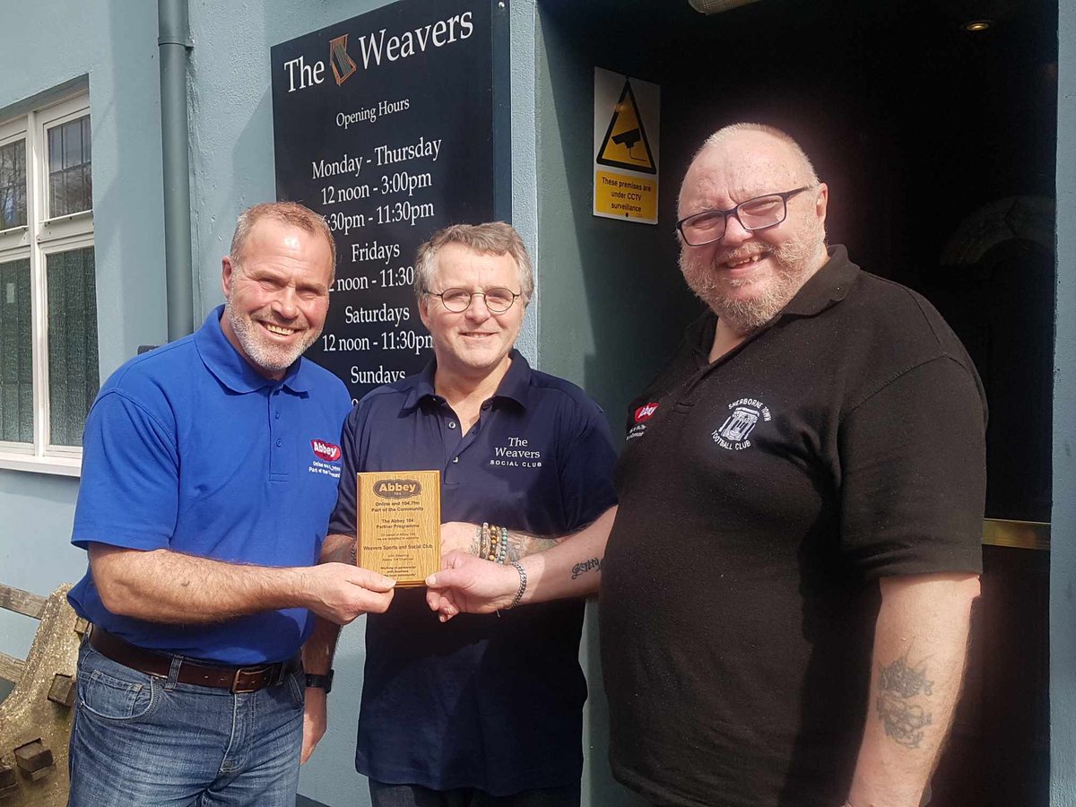 Pictured are Steve Wills &amp; Nigel Phillips, presenter’s of the Saturday Afternoon Mix Show on #abbey104 
Presenting a Abbey104 Business Partnership Plaque, to Kevin Brown the Manager of The Weavers Sports &amp; Social Club in Sherborne, thank you for your continued support.