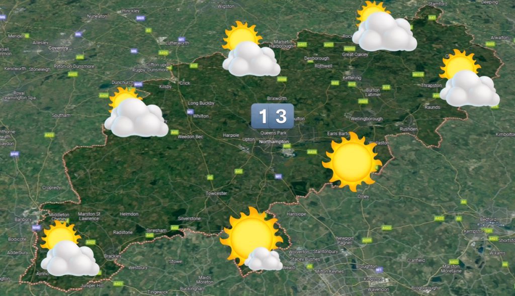 Good morning Northants. Some sunshine to start Sunday before clouds develop to give sunny spells & a small risk of a shower later in the day. A northwesterly breeze. 13°C. Some heavy bursts of rain to start Monday followed by sunny spells & showers. Windy. A chillier 10°C.