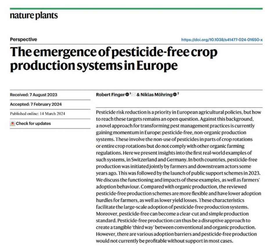 👇 our paper ‚The emergence of pesticide-free crop production systems in Europe‘ is now assigned to an issue @NaturePlants nature.com/articles/s4147… Free access rdcu.be/dBbnP Blog post ethz.ch/en/news-and-ev…