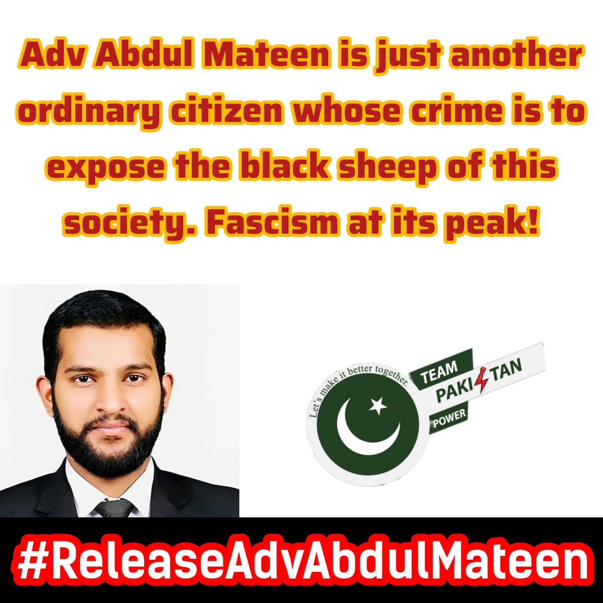 Mrhow12's tweet photo. I @Mrhow12  understand that
Advocate Abdul Mateen's detention is a stark reminder of the importance of solidarity and advocacy. Let's raise our voice for 
#ReleaseAdvAbdulMateen
@TeamPakPower https://t.co/5OI1IbbmWE
