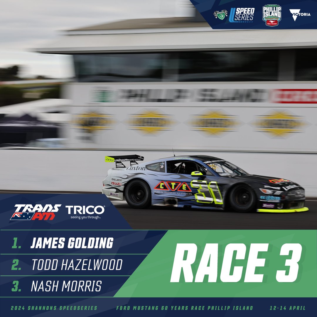 James Golding is our Trico Trans Am Series Race 3 winner after a great weekend of racing at Ford Mustang 60 Years Race Phillip Island 👏