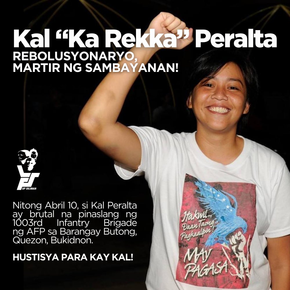 lfsupdiliman's tweet photo. HUSTISYA PARA KAY KAL "KA REKKA" PERALTA—REBOLUSYONARYO, MARTIR NG SAMBAYANAN!

Mariing kinukundena ng LFS - UP Diliman ang brutal na pagpaslang ng AFP kay Kal Peralta. Si Kal at 3 pa niyang kasama ay dinakip ng AFP-PNP noong Abril 10. 

Basahin ang buong pahayag: 
#JusticeForKal https://t.co/mPjNpFOlgk