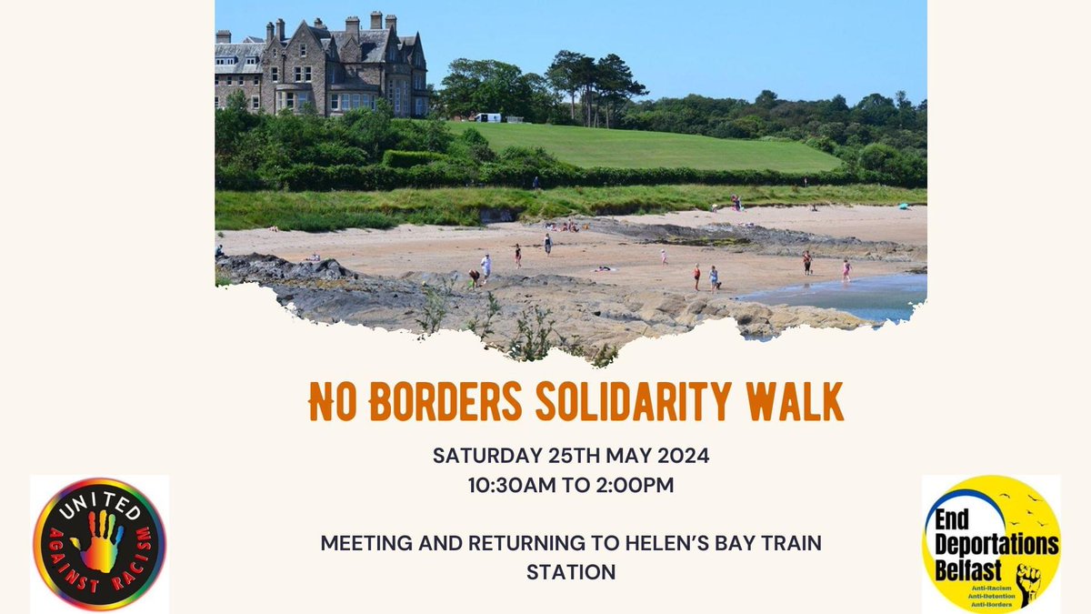 There is the #NoBorders Migrant Solidarity Walk and social event on Saturday 25th May on North Down Coastal Walk. 

This event is free, but booking is essential. Everyone welcome.

migrantsolidaritywalks.wufoo.com/forms/z8vpf7e1…