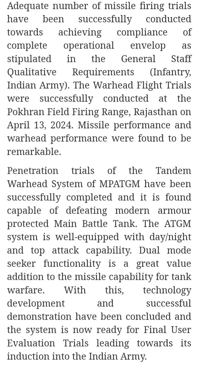 'Adequate number of missile firing trials have been successfully conducted towards achieving compliance of complete operational envelop as stipulated in the General Staff Qualitative Requirements (Infantry, Indian Army).' Very candid PR by MoD for MPATGM:pib.gov.in/PressReleasePa…