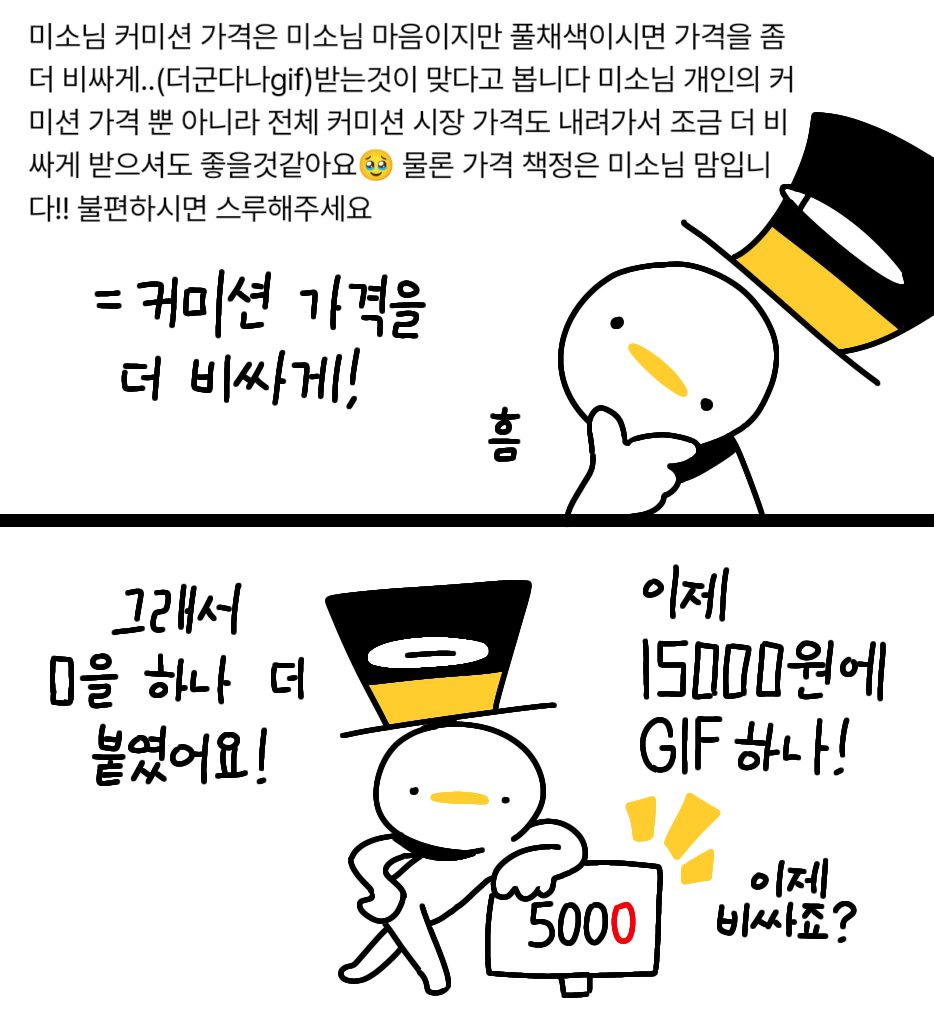 질문 답변 만화!

- (대충 커미션 가격을 비싸게 해도 좋다는 말)

커미션 시장 가격에 영향을 주는줄도 몰랐어요! :0