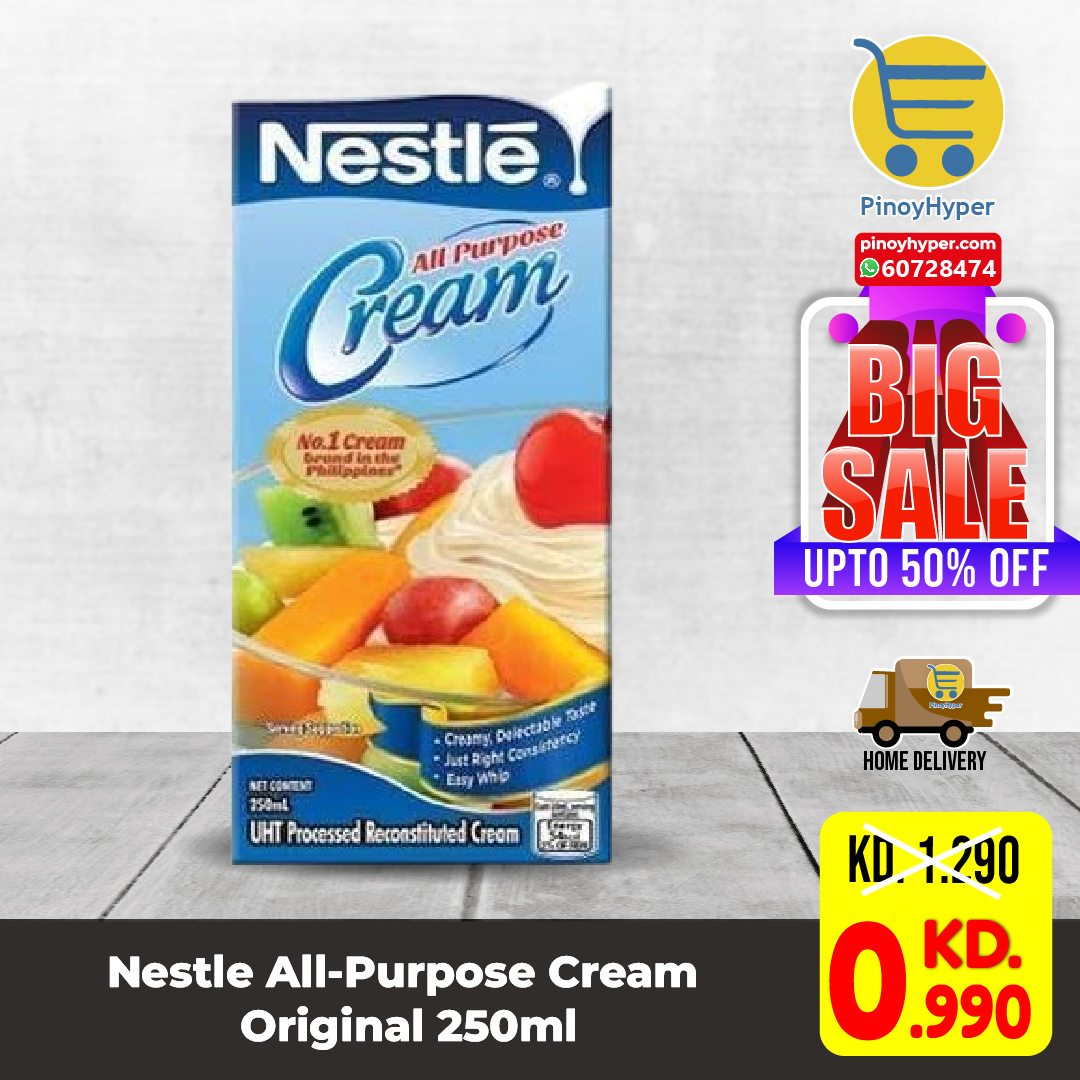 🇰🇼 Big Sale 🇰🇼
🥰Offer for OFW Kuwait 🥰
Delivery All over Kuwait 🚛
Nestle All-Purpose Cream Original 250ml
#pinoyhyper #ofw #ofwkuwait #pilipinosakuwait #onlinegrocery #pinoy #philippines #filipino #pilipinas #pinoyfoodie #pinoyfood
#summeroffer
#offer #summer #summersale #sale