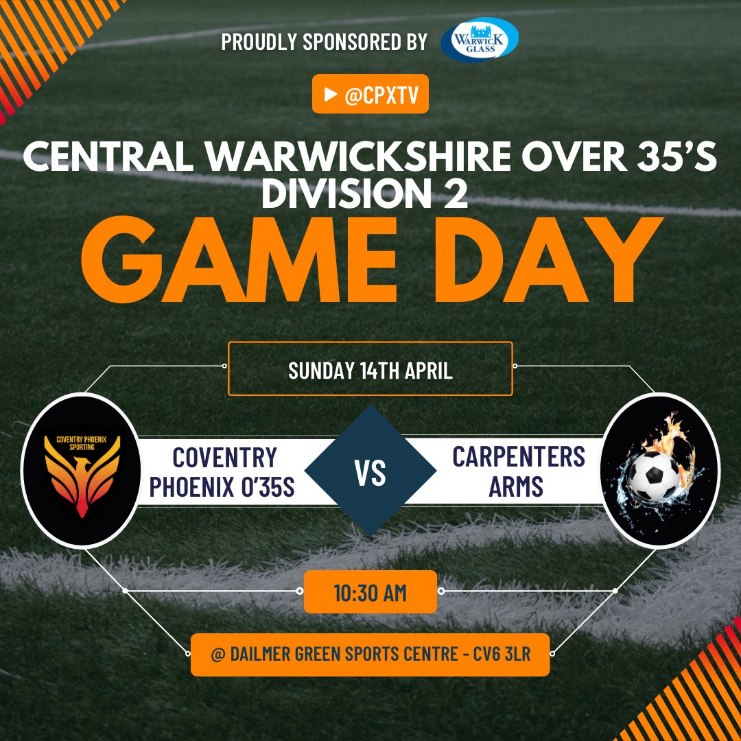 GAME DAY ⚽️

🏆 Division 2 

A big game 2nd vs 3rd 

Cov Phoenix O35’s vs Carpenters Arms 

<a href="/GerrardKennels/">GERRARD GROOMING & KENNELS</a> sponsor our over 35s side, they are a highly reputable dog grooming business in Coventry.