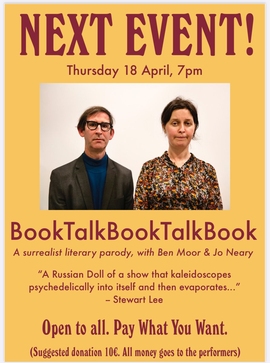 This Thursday is a first for us… Live comedy in store as @MsJoNeary and @benmoor bring their surrealist literary parody BookTalkBookTalkBook to S&Co. Venez nombreux!
