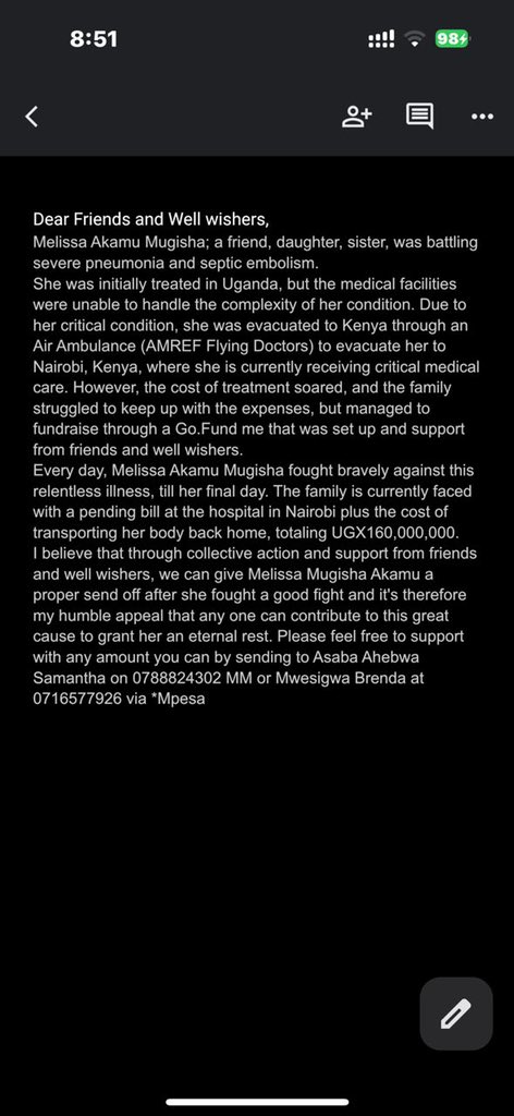 “I hope you are doing well. We lost a friend last night in Nairobi and we are currently trying to fundraise to help get the body back home as well as clear pending bills, I would like to request if possible to use your platform to help us share this.” Please share, maybe