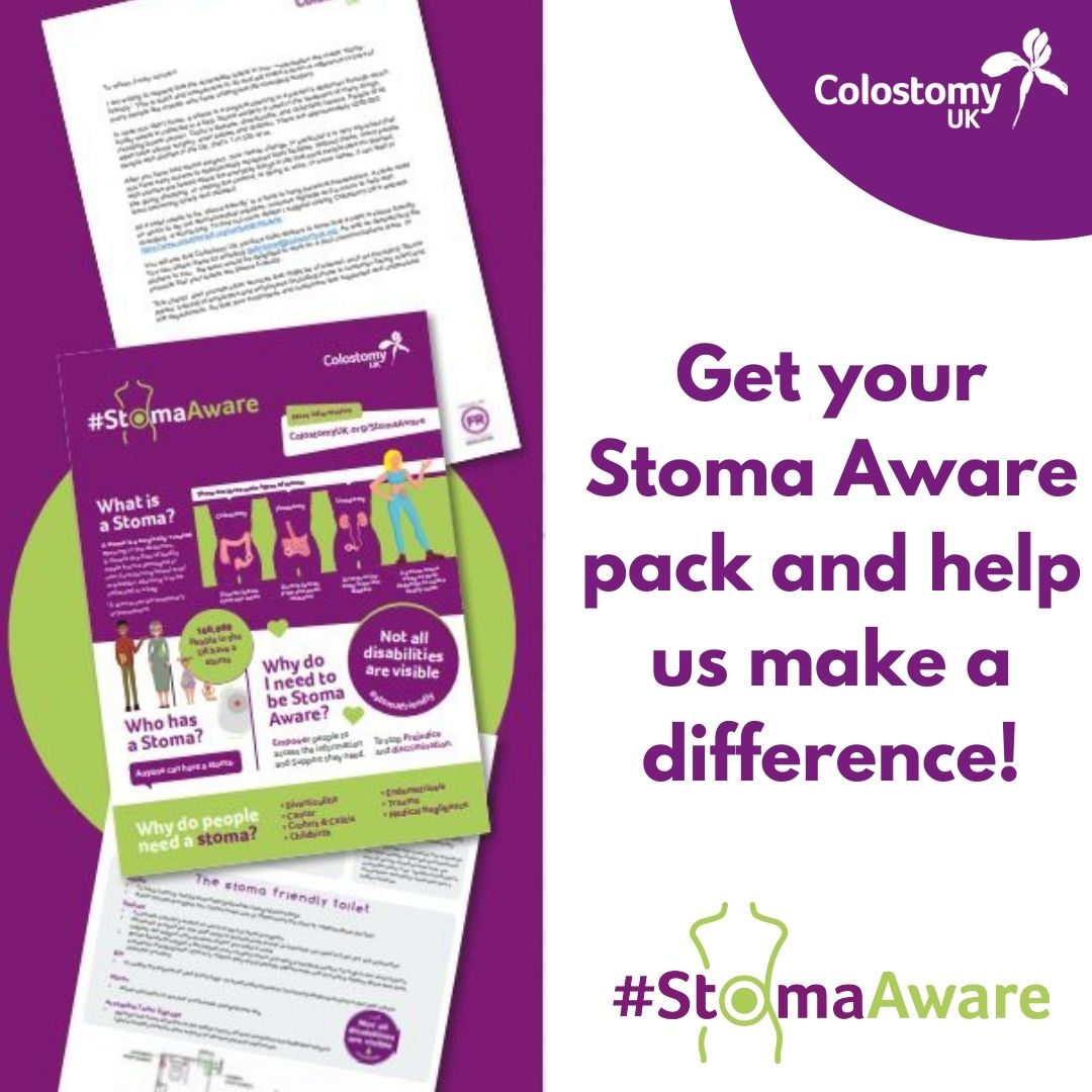 Can you help us to make your community more #StomaAware? Our Stoma Aware pack includes great resources like Stoma Friendly toilet guidelines, stickers, & awareness posters. There's everything you need to get started. Email getinvolved@colostomyuk.org and help us make a difference