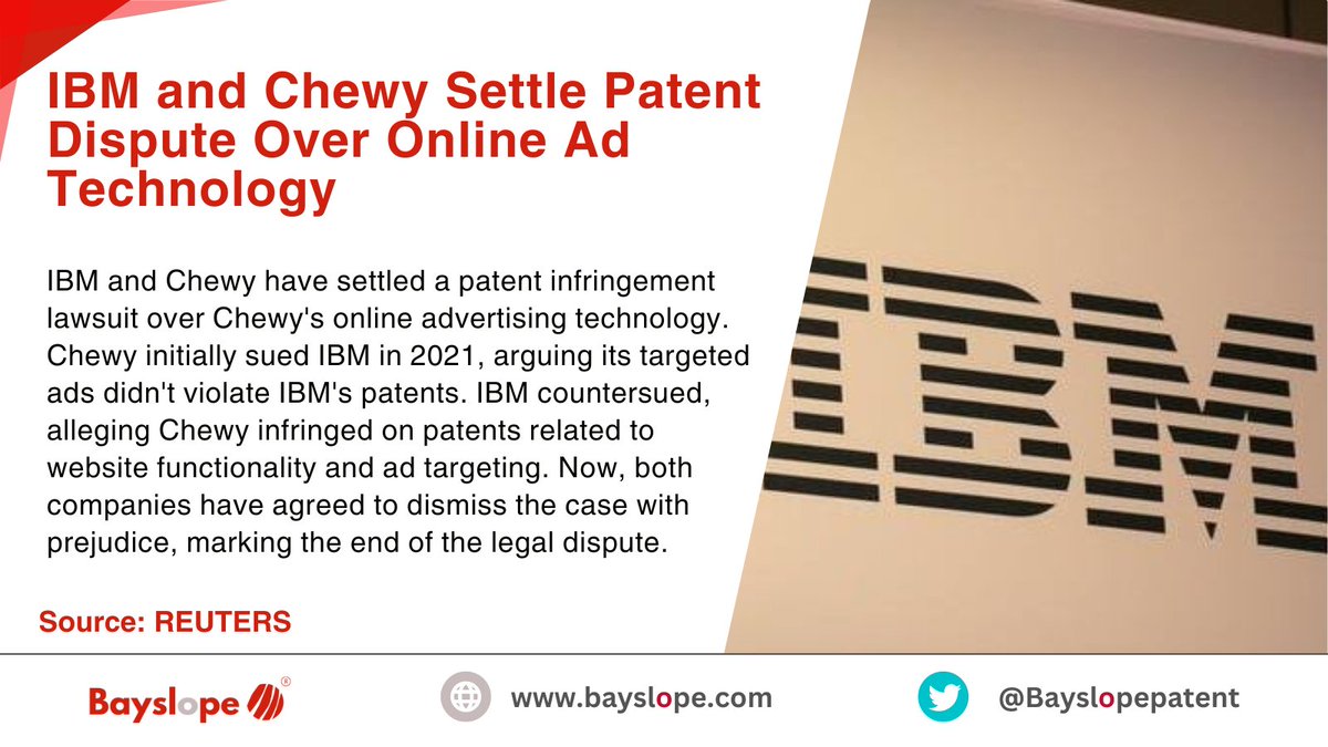 IBM and Chewy resolve their patent lawsuit on online ad technologies. #IBM #Chewy #PatentSettlement #AdTech #LegalNews #TechDispute #OnlineAdvertising #TechInnovation #TechNews #BusinessLaw #DigitalMarketing #TechIndustry #SettlementAgreement