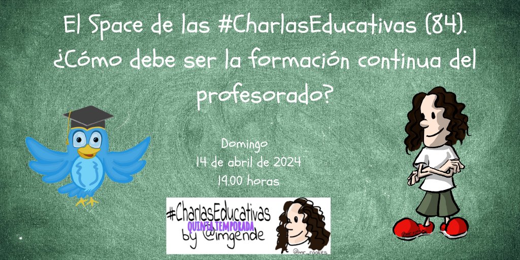 🟣 ¡Esta tarde tenemos Space de micro abierto en vuestras #CharlasEducativas!
¿Cómo deben ser los cursos de formación continua? ¿Quien debería impartirlos? ¿En qué horario? ¿Has tenido malas experiencias? ¿Sobre qué tema nos hace falta más formación?
¡Te esperamos a las 19.00! 🥰