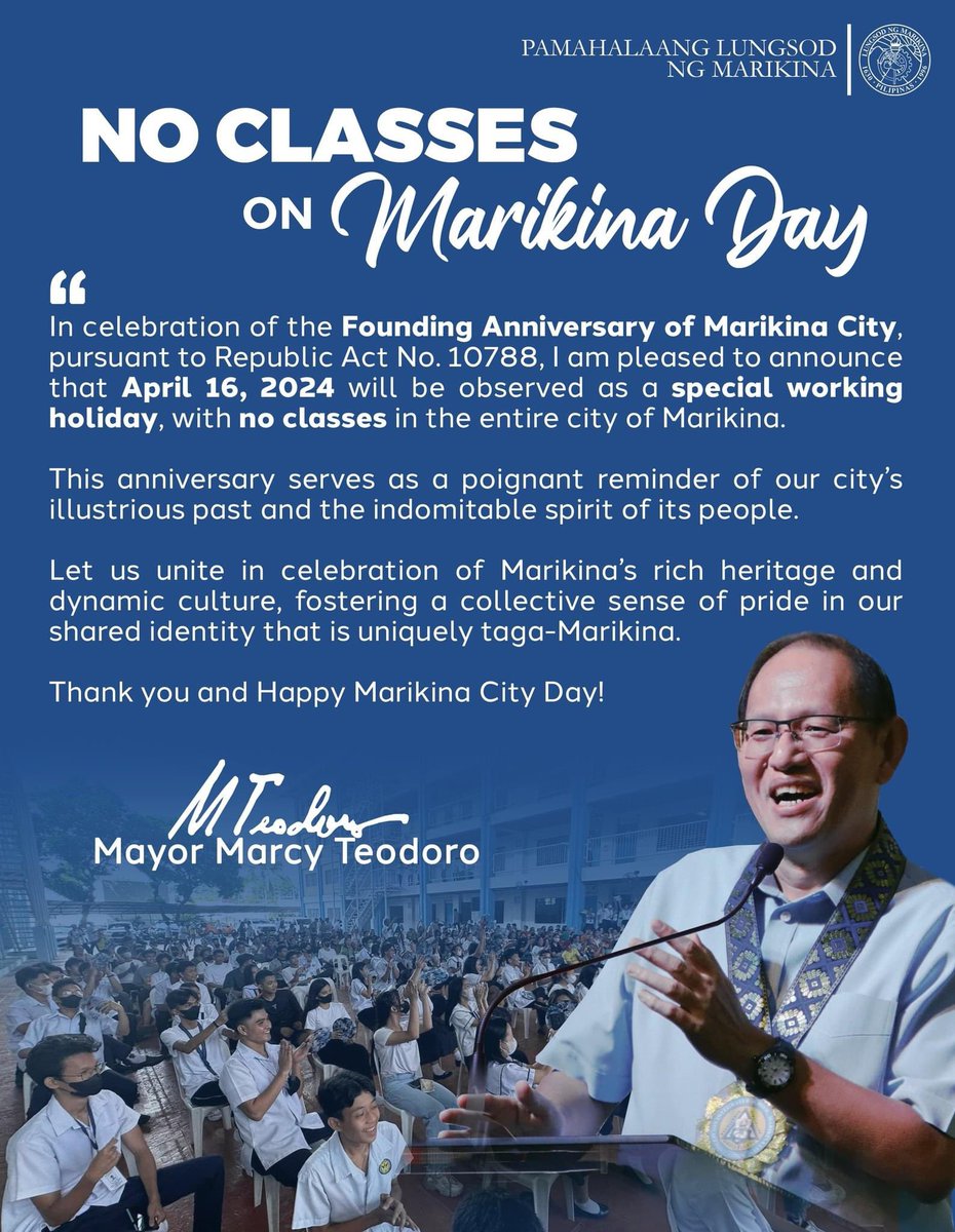 READ-Pasok sa mga paaralan sa Marikina City, suspendido sa April 16, 2024 bilang pagdiriwang sa “Marikina City Day” @dzbb (📸 @MarikinaPIO )