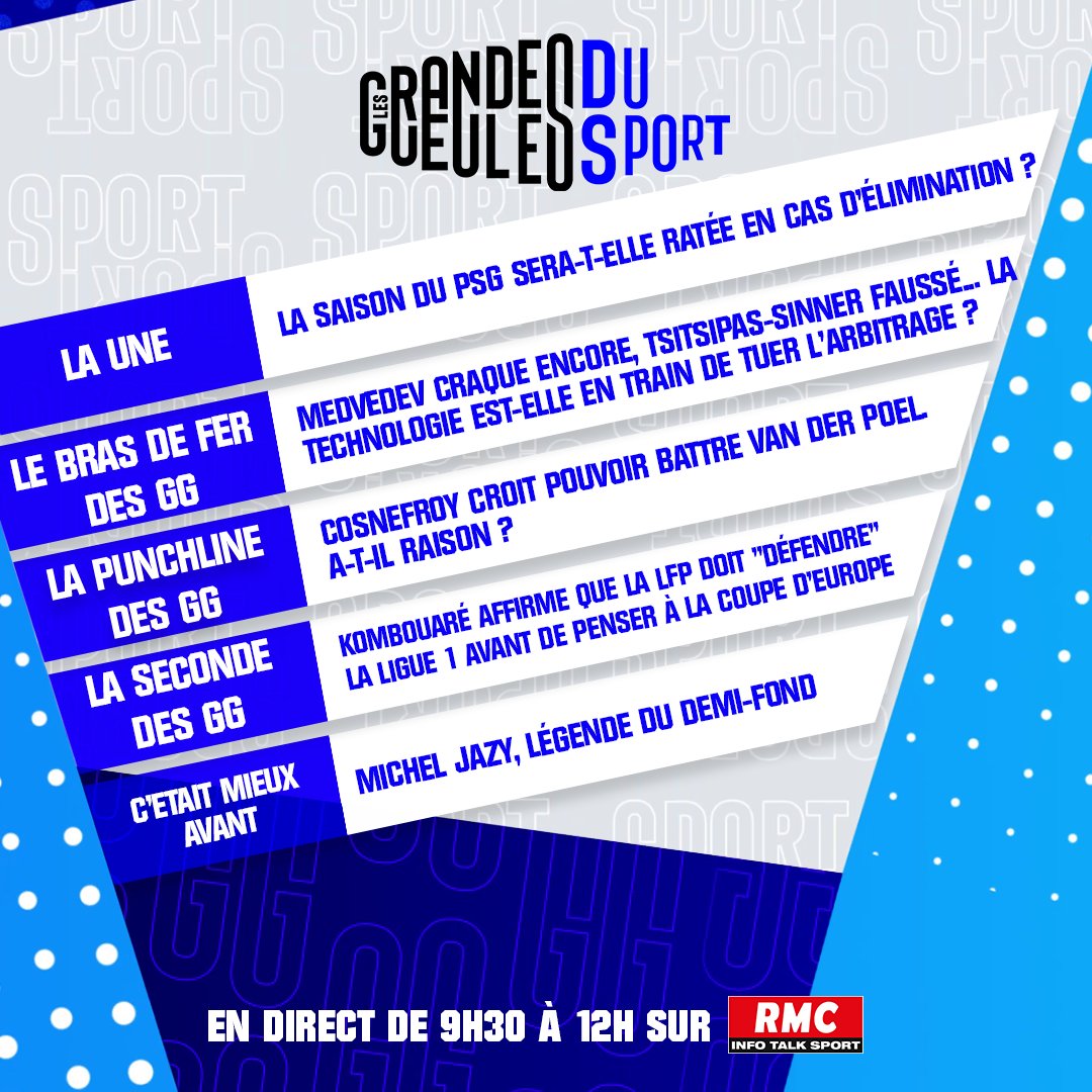 📻 Le menu du jour dans les #GGSport ! 🎙 L'équipe du jour : @ccessieux06, @MarieMartinod, Pascal Dupraz, @SarahPitko et @simon_dutin