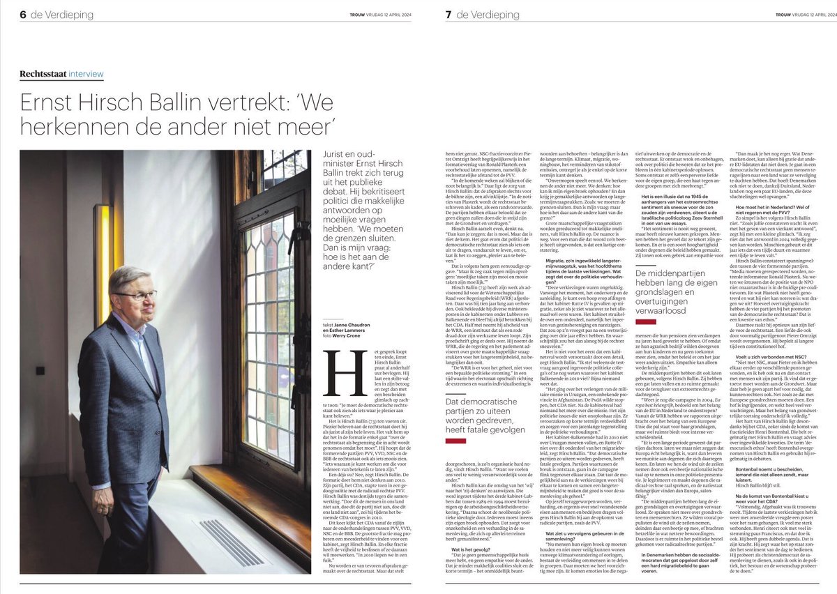 Volgens Hirsch Ballin moeten we onze de democratie niet als de grens van ons handelen zien maar moeten we er trots op zijn. Dat zouden politici dan ook moeten uitdragen ipv onze democratische grondrechten te presenteren als hindernis voor hun wensen. 👇