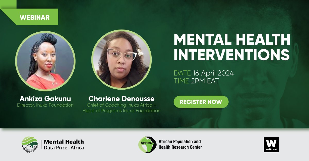 Join us on April 16th as Ankiza Gakunu and Dr. Charlene Denousse of Inuka Africa explore the organization's commitment to enhancing mental health support. 

Register now> mentalhealthdataprizeafrica.aphrc.org

 #MentalHealthDataPrizeAfrica #MentalHealth #DataForChange #MentalHealthAwareness