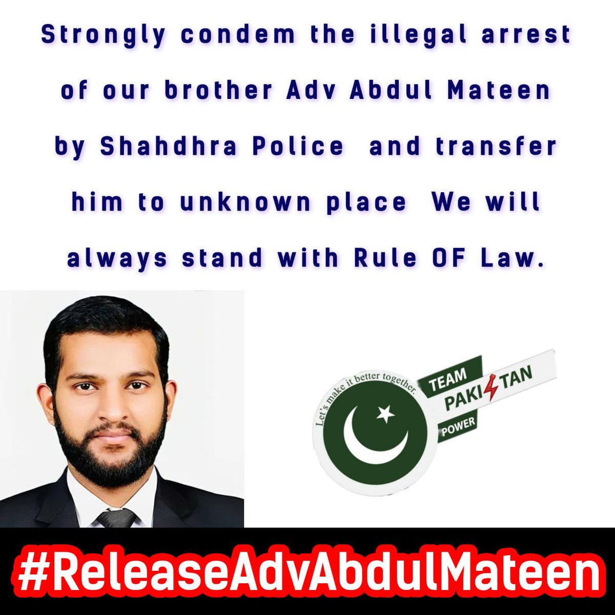 I.@tqb1468256.. wanna say that,if we dont stand up for Advocate Abdul Mateen today who will fight for us when we face similar injustices tomorrow? The time to speak out against oppression is now. @TeamPakPower #ReleaseAdvAbdulMateen