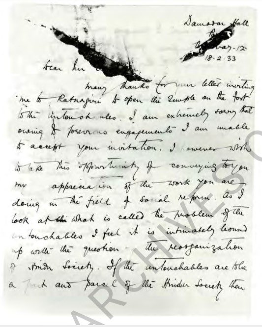 sameer_kasture's tweet photo. B. R. Ambedkar’s letter to Swatantryaveer Savarkar praising his efforts in annihilating the untouchability.

Savarkar invited Ambedkar on the occasion of Patit Pavan Mandir inauguration (The first ever mandir in the country built by SavarkarJi open to all) in 1931.

1/3 https://t.co/Tt43lzAGsq