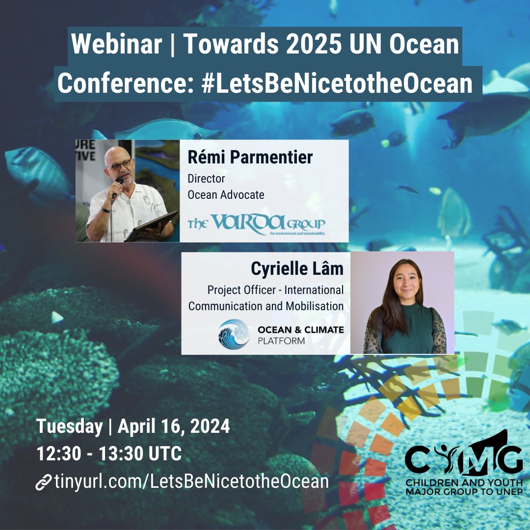 🚨 Join us for a webinar on April 16, at 12:30 UTC as we discuss preparations for 2025 UN Ocean Conference! 🌊 Hear from leaders like @RemiParmentier & @CyrielleLam on engaging youth & civil society. 🔗tinyurl.com/LetsBeNicetoth… #UNOC3 #LetsBeNiceToTheOcean #Youth4PeopleAndPlanet