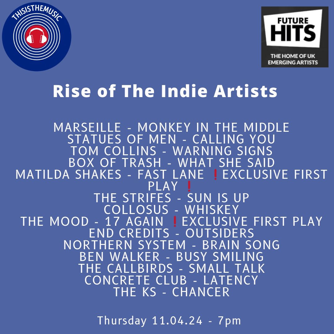 The latest Rise of The Indie Artists show is on demand now

@marseilleband @statuesofmen @tlcollinsmusic @boxoftrashmusic @MatildaShakes @Thestrifes_  Collosus @TheMoodBandUK End Credits @northernsystem @Benwalkertv The Callbirds @concreteclubmcr @TheKsUK

mixcloud.com/futurehitsradi…