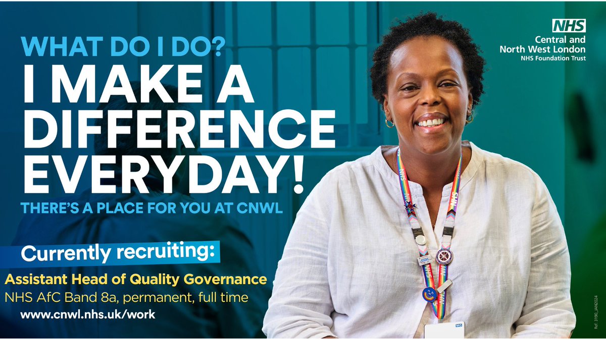 Want to help make a difference everyday? A new exciting leadership role has been created part of the Quality Governance team to lead on quality, safety & assurance initiatives across sites in our largest Trust division. Submit applications by 21 April👉: cnwl.nhs.uk/work#!/job/UK/…