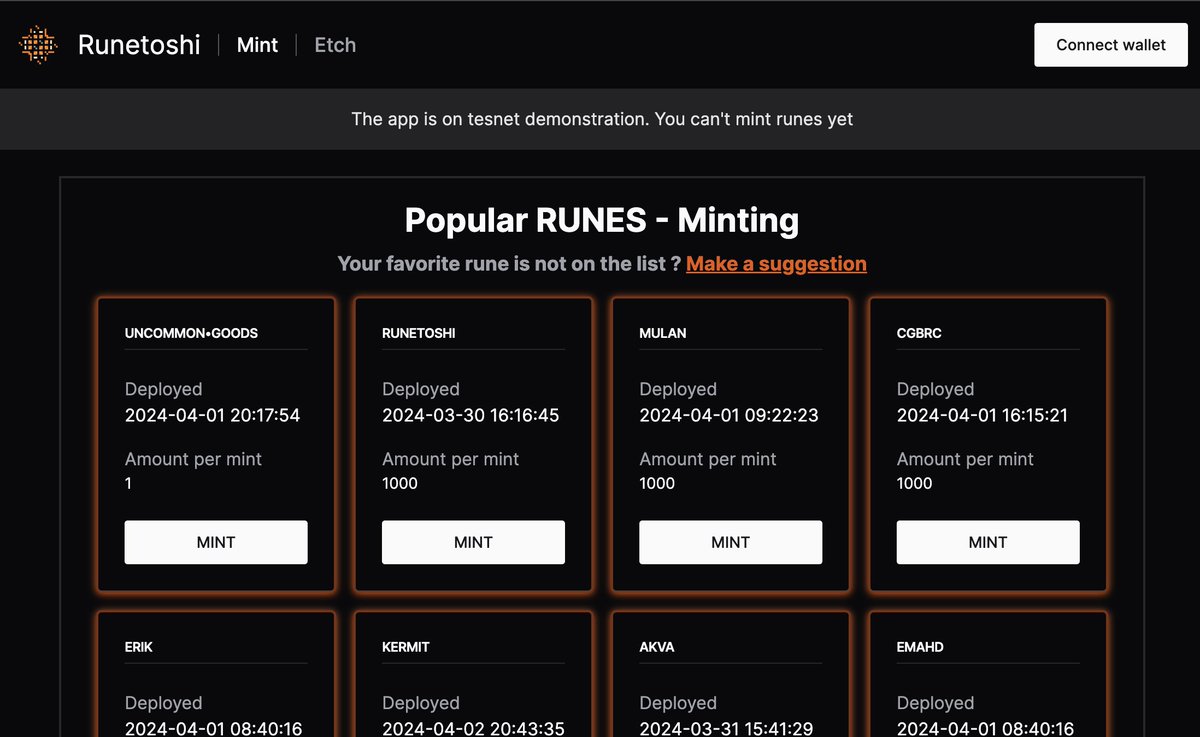 We just put all our minters on beta access on our platform 🫡

runetoshi.com

You can experience mint &amp; etch on the platform (etch is limited to 1 per wallet for beta access)