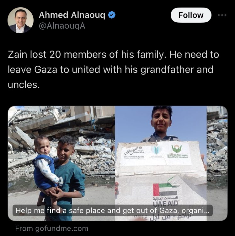 I can’t believe it. He had a gofundme set up 5 days ago. A prominent Palestinian from Gaza shared it 3 days ago & it didn’t budge one bit. Zain died in the death camp today. When will everybody understand how fucking urgent every single campaign they decide to ignore really is?