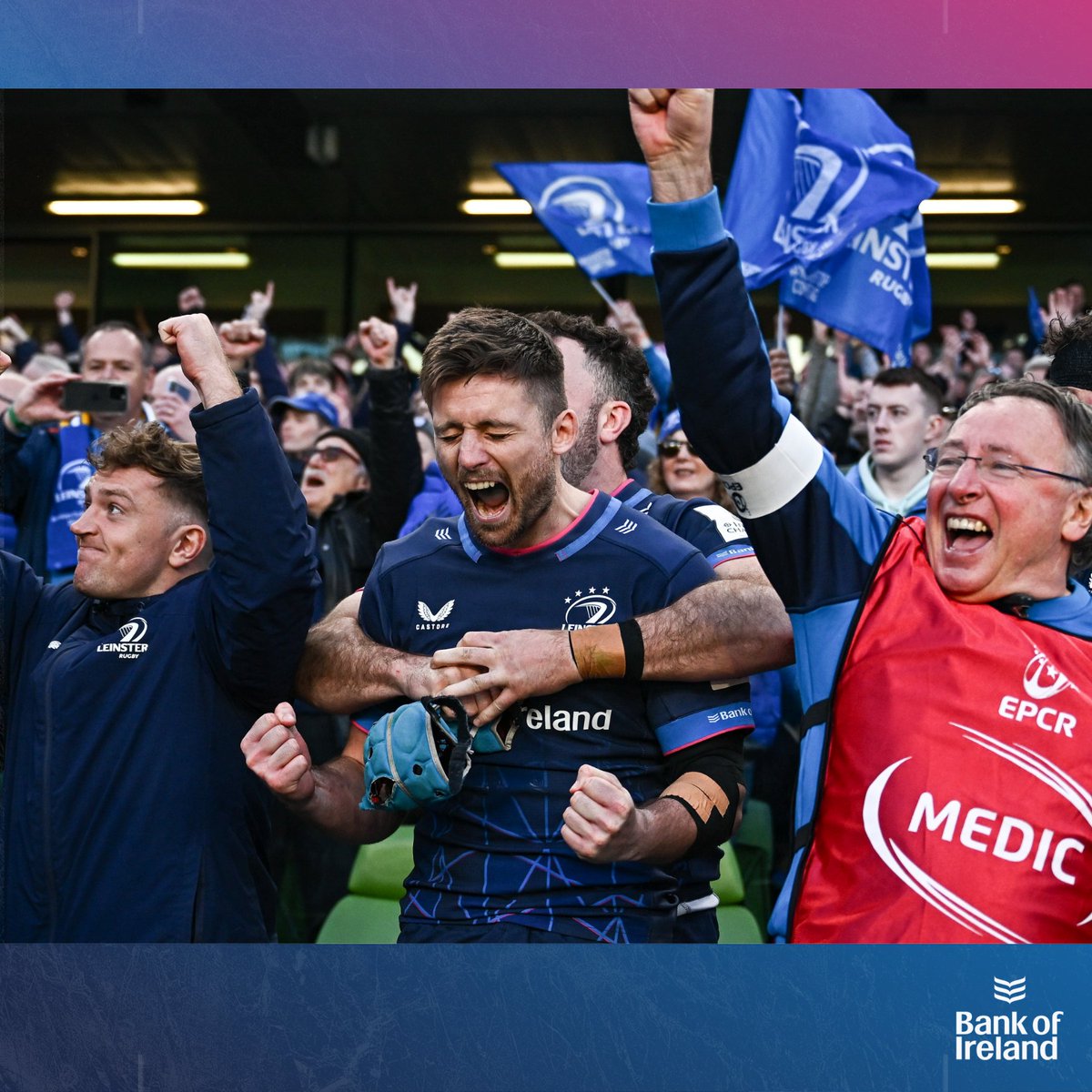 Ross Byrne is every Leinster supporter in this photo. 💪📸 When you #NeverStopCompeting for 80 minutes, the joy at the final whistle is very special. #LEIvSR #FromTheGroundUp