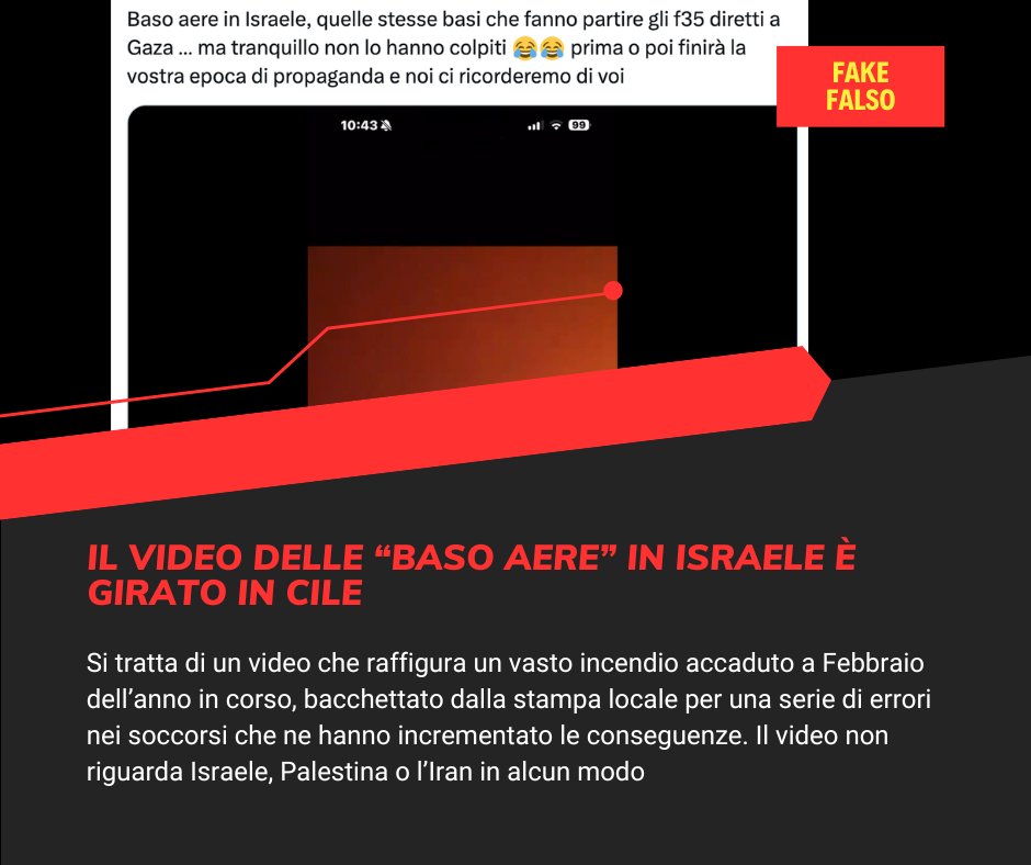 filogicoX's tweet photo. Il video delle "baso aere", anzi basi #aeree in #Israele distrutte dall'#Iran piene di #F35 per la #Palestina è una #fakenews. Anzi un video del #Cile che raffigura un #incendio
Per dettagli: https://t.co/adb24a33RD https://t.co/BO4AMm06ez