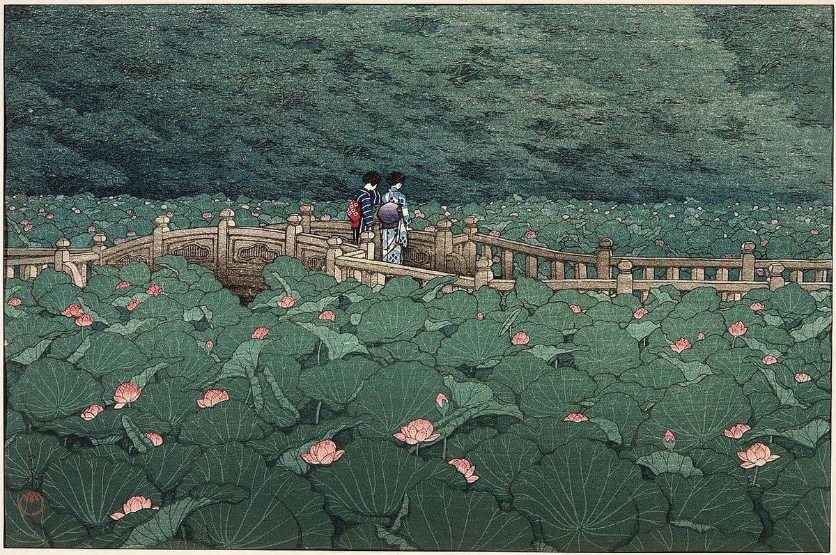 The Pond at Benten Shrine in Shiba, a color woodblock print by Hasui Kawase, 1929.