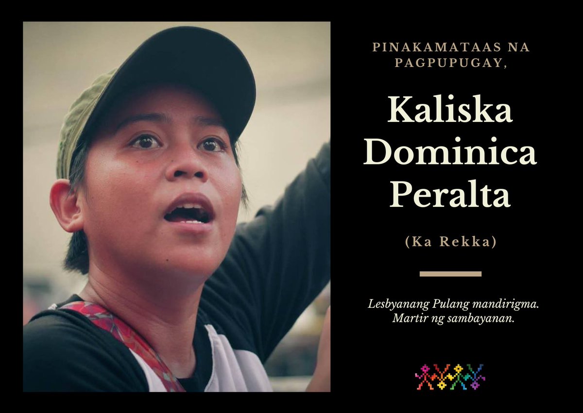 SALUTE TO LESBIAN REVOLUTIONARY MARTYR KAL PERALTA! 

Bahaghari raises its highest salute to Kaliska Dominica “Kal” Peralta, known as Ka Rekka, a lesbian revolutionary fighter in the province of Bukidnon.