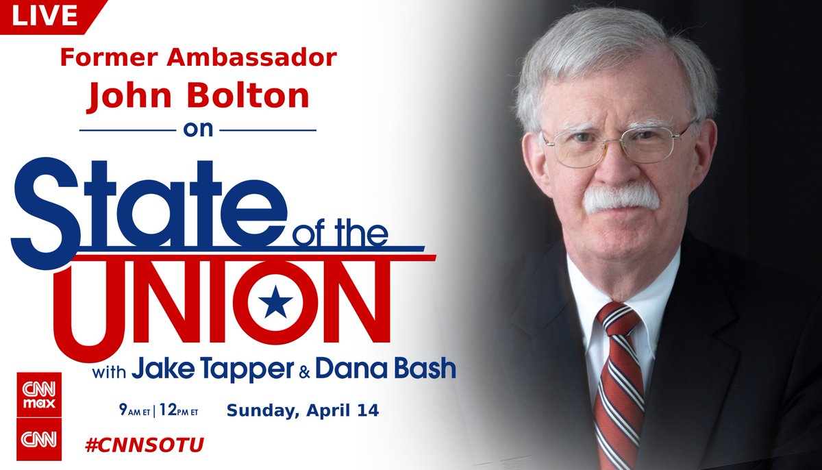 TUNE in for a special edition of #CNNSOTU starting at 8am EST @AmbJohnBolton joins @JakeTapper Tune in on 📺 @CNN, 🌎🌍🌏 @cnni, @StreamOnMax, 🎧📻 @Audacy, @tunein, @SIRIUSXM Ch. 116 & 🖥️💻📲 cnn.com/GO!